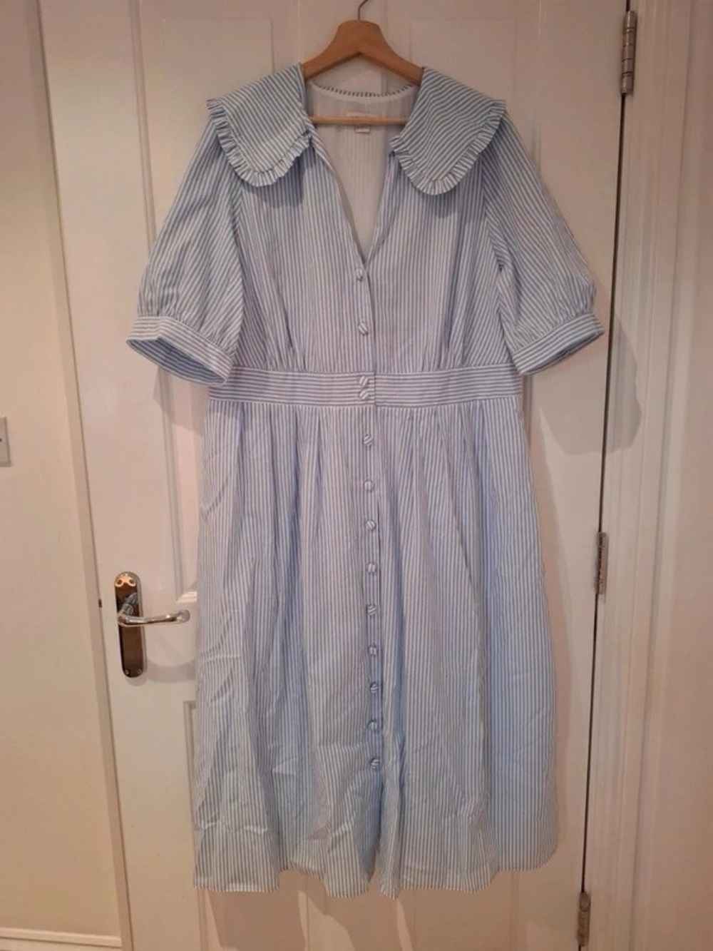 Light Blue Striped Button-Front Midi Dress with Peter Pan Collar